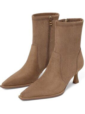 Women's E Brown Suede Pointed Toe Side Zip Comfortable Mid Calf Kitten Heel Boot